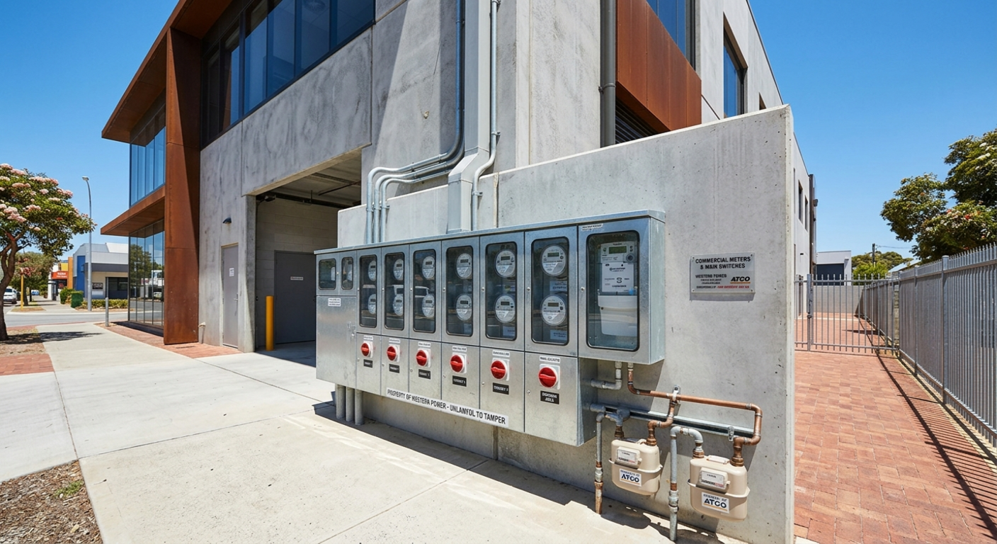 Bank of commercial meter boxes on a Perth building